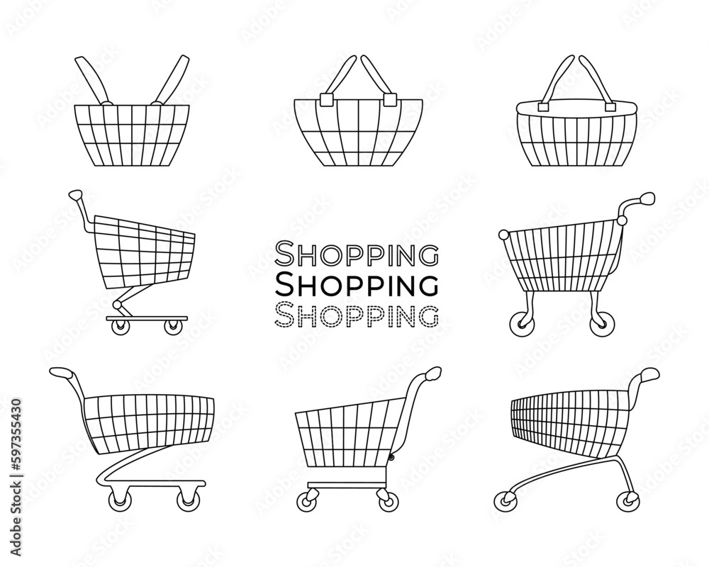 Set of simple outline doodle shopping baskets and shopping carts. Isolated on white background. Set of simple outline doodle shopping baskets and shopping carts. Isolated on white background.