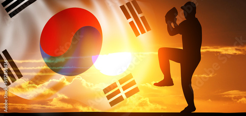 Baseball player on the background of the South Korea flag. American national game. photo