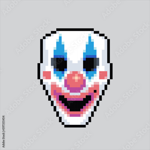 Mask pixel art clown.pixelated clown mask design for logo, web, mobile app, badges and patches.
Video game sprite. 8-bit. Isolated vector illustration.