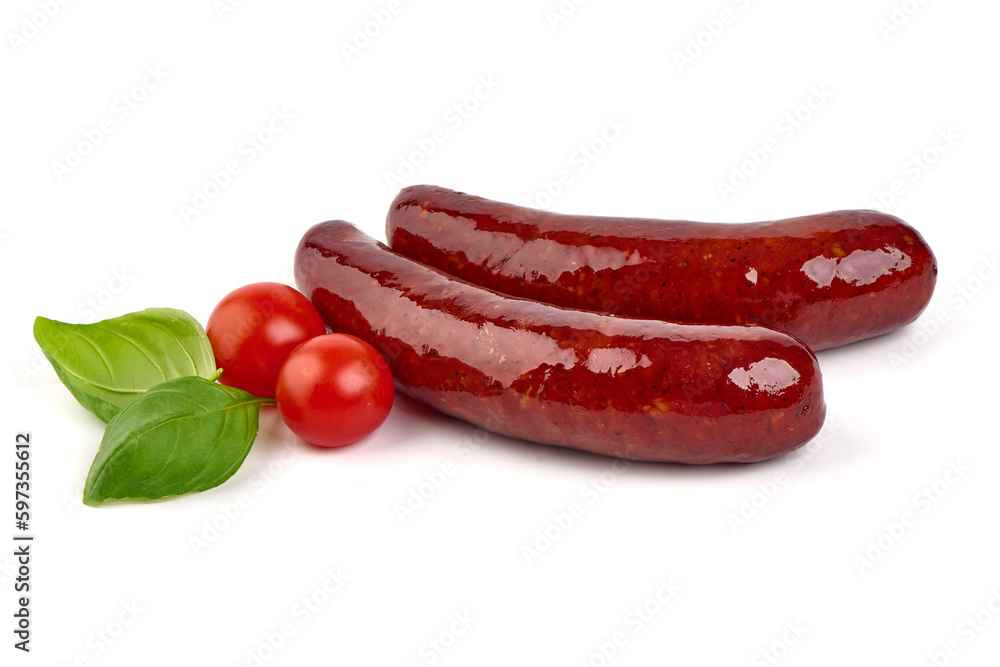 Grilled bratwurst Pork Sausages with basil leaves and cherry tomatoes, close-up, isolated on white background. Grilled bratwurst Pork Sausages with basil leaves and cherry tomatoes, close-up, isolated on white background.