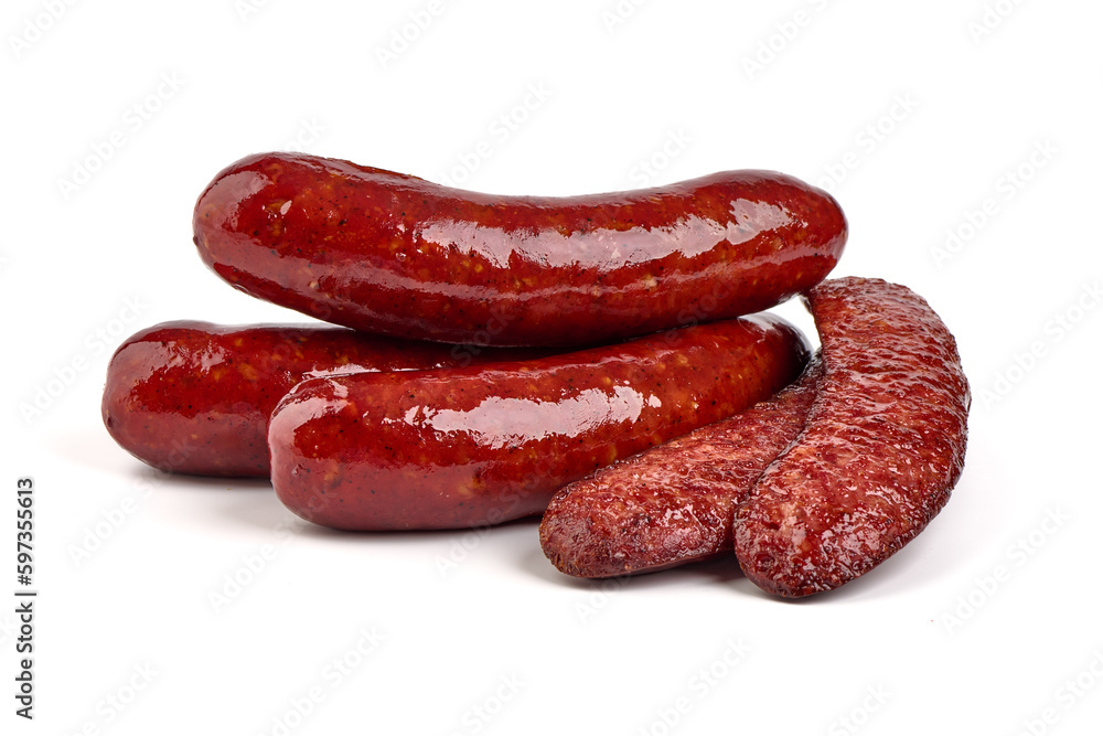 Grilled bratwurst Pork Sausages, close-up, isolated on white background. Grilled bratwurst Pork Sausages, close-up, isolated on white background.