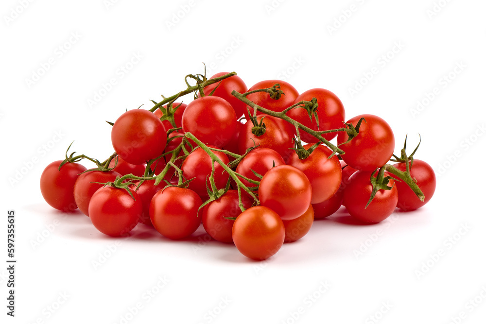 Tomato cherry on branch isolated on white background.