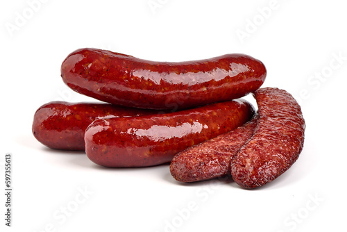 Grilled bratwurst Pork Sausages, close-up, isolated on white background.