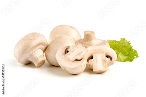 Champignons with letuce, close-up, isolated on white background.