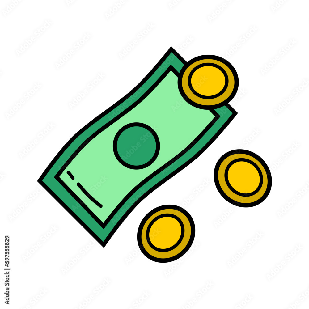 Golden yellow coins with green banknote money finance flying business doodle on white background flat vector icon design. Golden yellow coins with green banknote money finance flying business doodle on white background flat vector icon design.