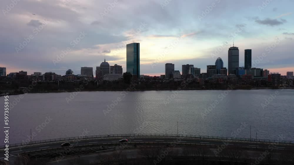 Aerial view of traffic on the Memorial drive, cloudy sunset in Boston, USA - descending, drone shot Aerial view of traffic on the Memorial drive, cloudy sunset in Boston, USA - descending, drone shot