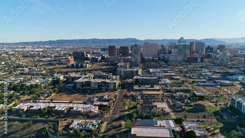 Skyline and downtown of Phoenix, Arizona, USA, forward drone flight photo