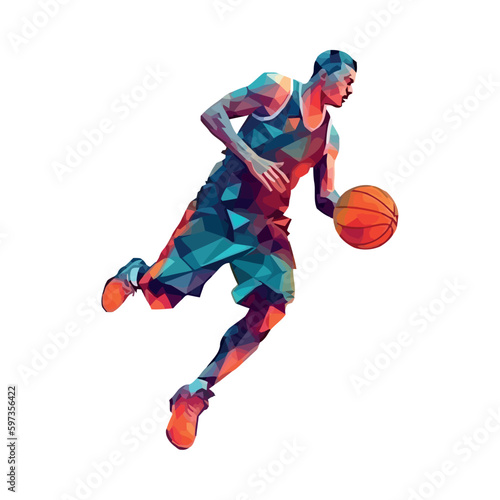 Muscular basketball player jumping for slam dunk
