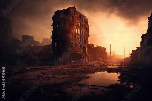 illustration post-apocalyptique d'une ville détruite après une catastrophe, vide et déserte  photo