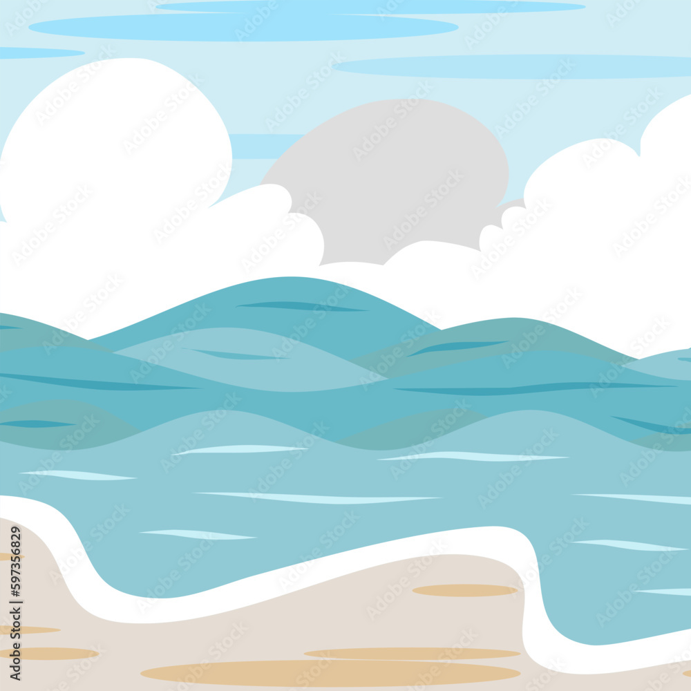 Beach background vector, cloud, wave, sea, ocean, sky, sand. Beach Landscape-Digital Painting Illustration. Vector illustration-Ocean on background. Banner, site, poster template.
