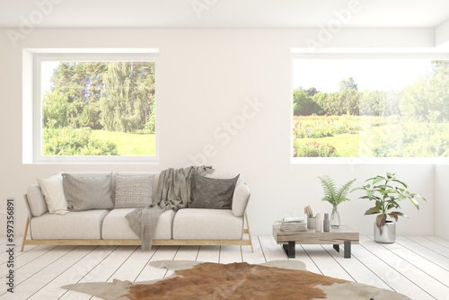 Bright interior design with modern furniture and summer landscape in window. 3D illustration