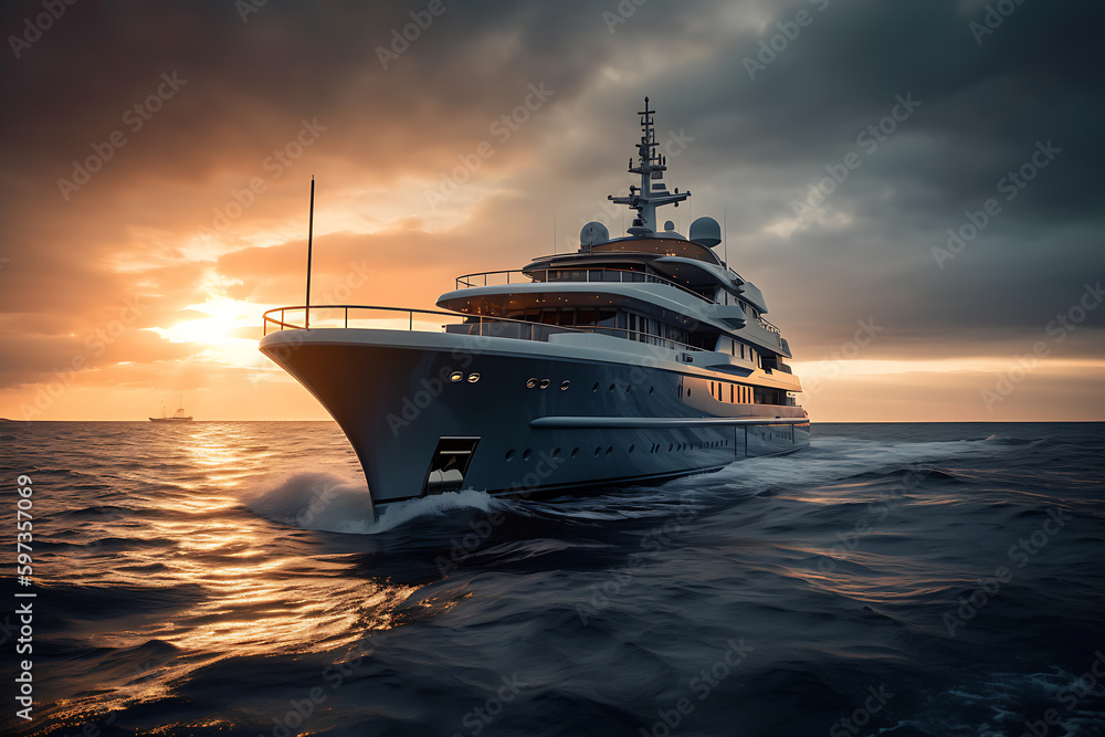 An aerial view of a large yacht, superyacht on water near coat line, A luxury yacht is floating through the water at sunset, generative ai An aerial view of a large yacht, superyacht on water near coat line, A luxury yacht is floating through the water at sunset, generative ai