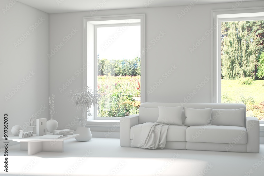 Bright interior design with modern furniture and summer landscape in window. 3D illustration Bright interior design with modern furniture and summer landscape in window. 3D illustration
