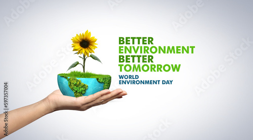 World environment day 2023 3d concept background. Ecology concept. Design with globe map drawing and leaves isolated on white background. Better Environment, Better Tomorrow.