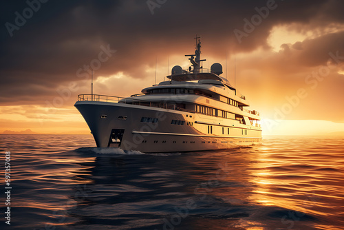 An aerial view of a large yacht, superyacht on water near coat line, A luxury yacht is floating through the water at sunset, generative ai
