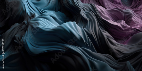 3d render, modern abstract wallpaper with curvy dark blue pink violet translucent film ruffles, layers and folds. Fashion background. Herb essential oil aroma bootle and leaf , Generative Ai