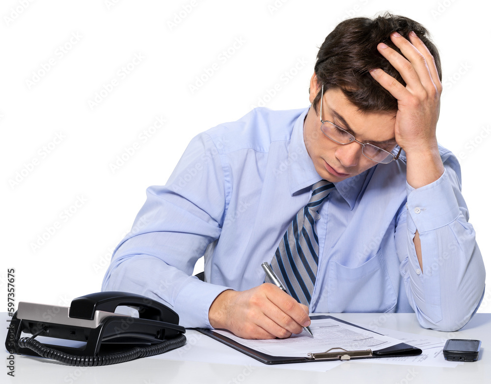 Businessman Sitting at the Desk and Working with Documents - Isolated Businessman Sitting at the Desk and Working with Documents - Isolated
