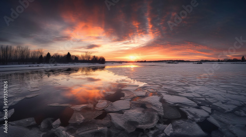 sunrise over the frozen river with cracked ice. Generative Ai