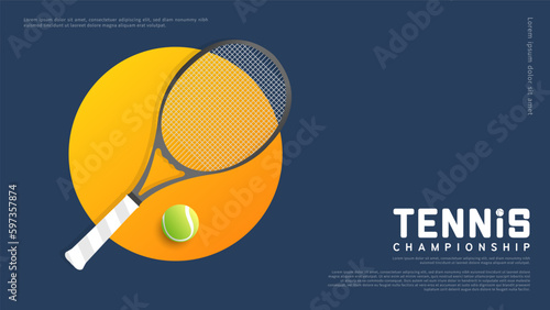 Tennis background template with tennis racket and tennis ball on  tennis green court background Illustrations for use in online sporting events , Illustration Vector  EPS 10 photo