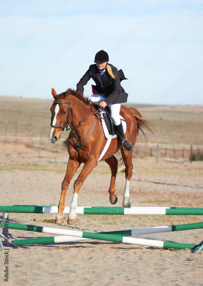 Sport, jump and equestrian with woman on horse for show, competition and performance. Training, derby and health with female jockey on animal in countryside for obstacle, horseback and rider event Sport, jump and equestrian with woman on horse for show, competition and performance. Training, derby and health with female jockey on animal in countryside for obstacle, horseback and rider event