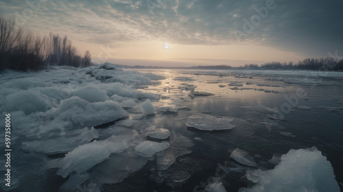 sunrise over the frozen river with cracked ice. Generative Ai 