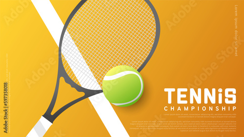 Tennis racket and tennis ball on  tennis court background Illustrations for use in online sporting events , Illustration Vector  EPS 10