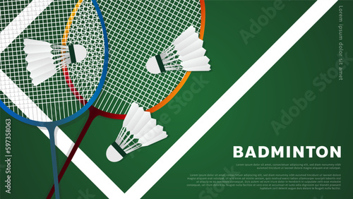 Badminton racket with white badminton shuttlecock on white line on green background badminton court indoor badminton sports wallpaper with copy space  ,  illustration Vector EPS 10
