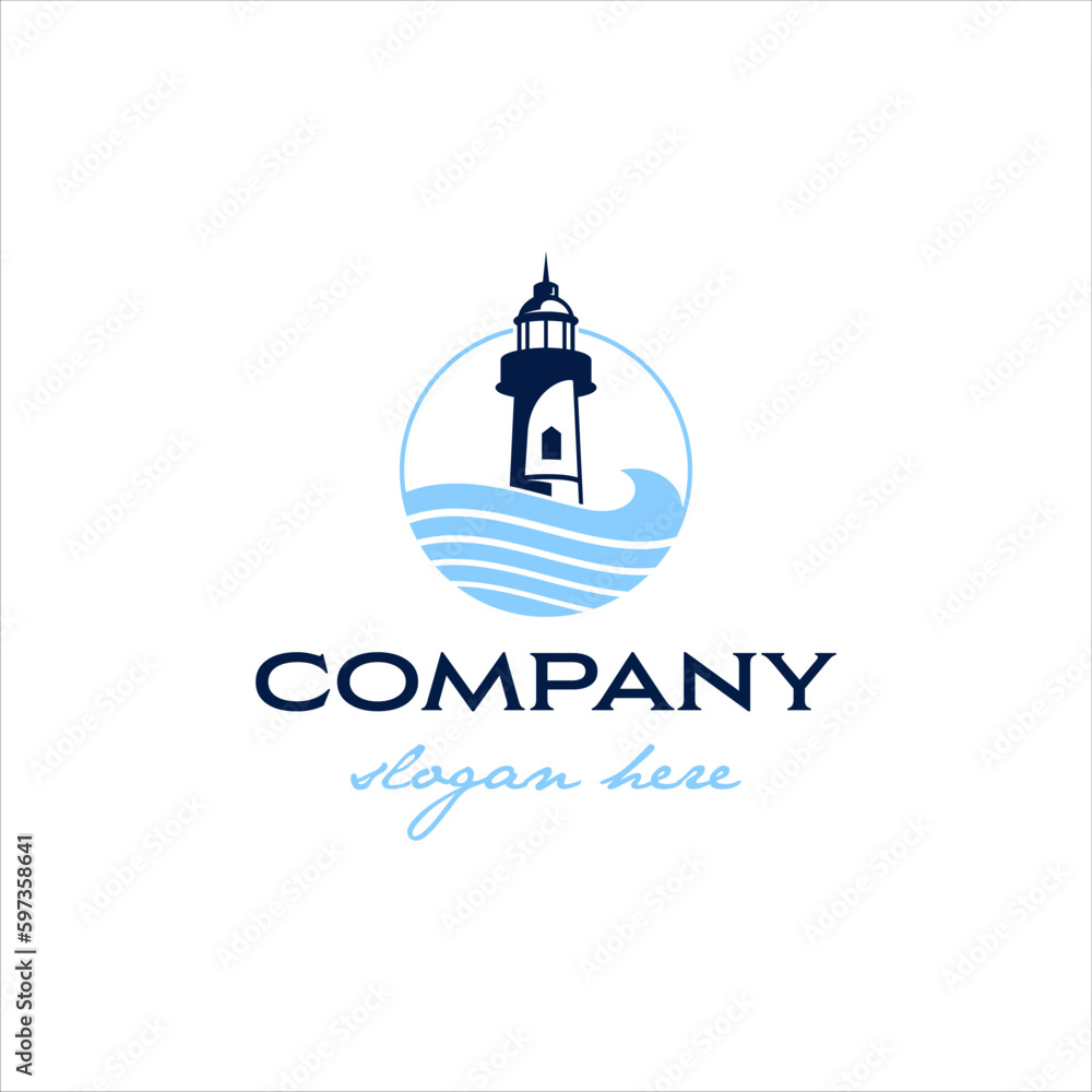 Lighthouse logo with waves in masculine style design