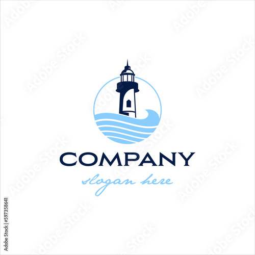 Lighthouse logo with waves in masculine style design