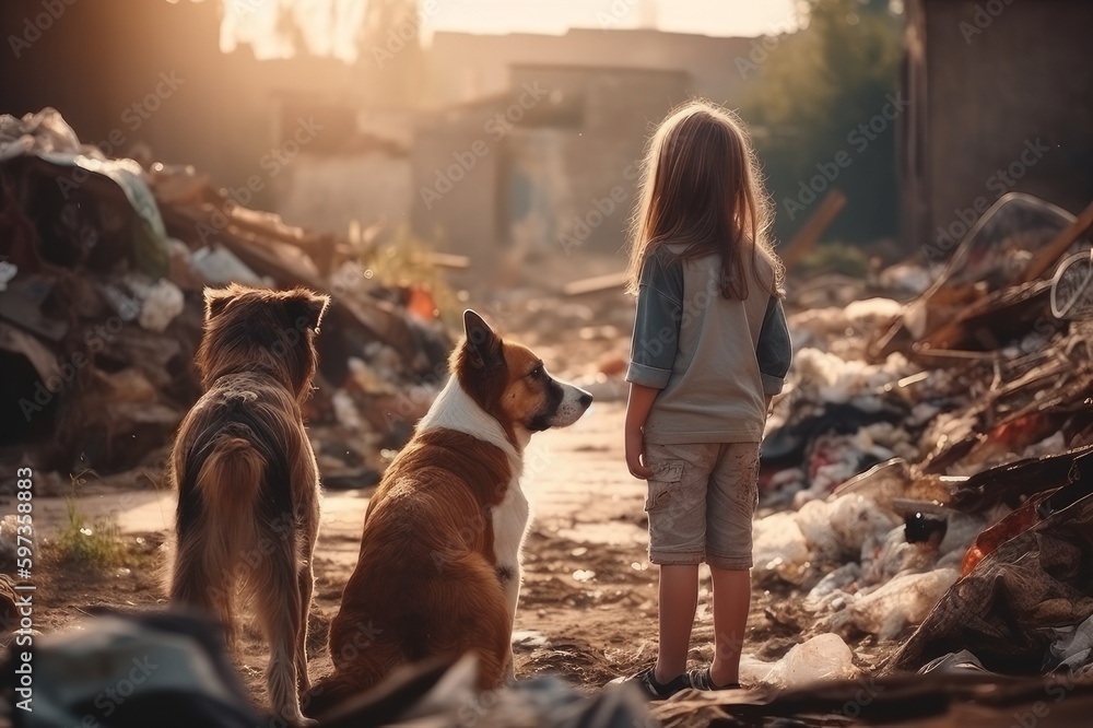 Kids look at garbage dump. Environmental pollution problem concept