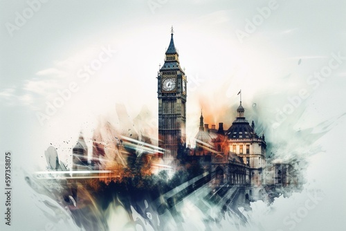 London landmarks poster, abstract watercolor double exposure. Generative AI