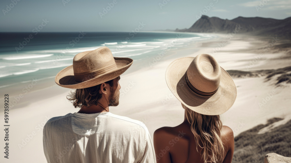 Couple with sun hats enjoying beautiful views over the ocean. Generative AI