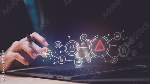 Canvas Print Programmer and virtual icons , exclamation mark ,alarm,computer virus detected ,