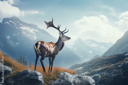 Wallpaper of a deer in front of a mountain illustrated in 2D. Generative AI