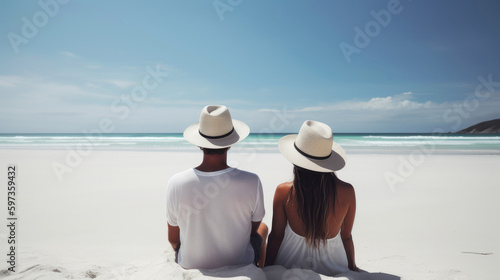 Couple with sun hats enjoying beautiful views over the ocean. Generative AI © piai