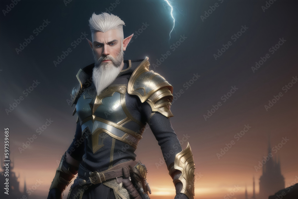 Fantasy Male Elf in Warrior Knght Armor with White Hair and Beard ...