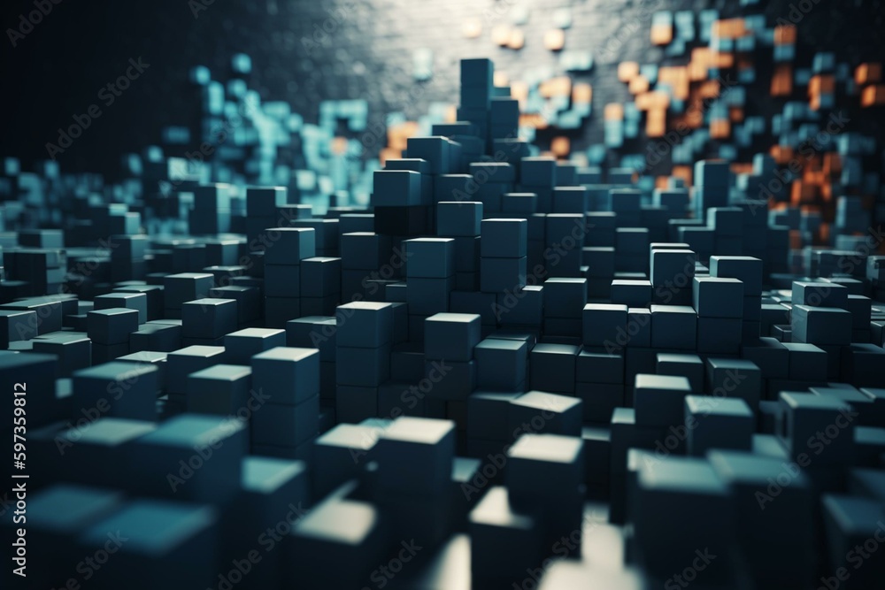 Interlocking 3D blocks of varying shapes and sizes on a blank business