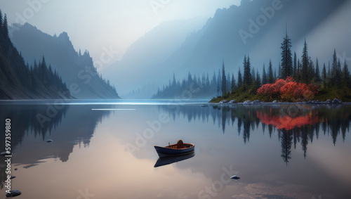 Mountain Lake with Floating Row Boat, Hazy Distance with Forested Shore Line Generative AI illustration