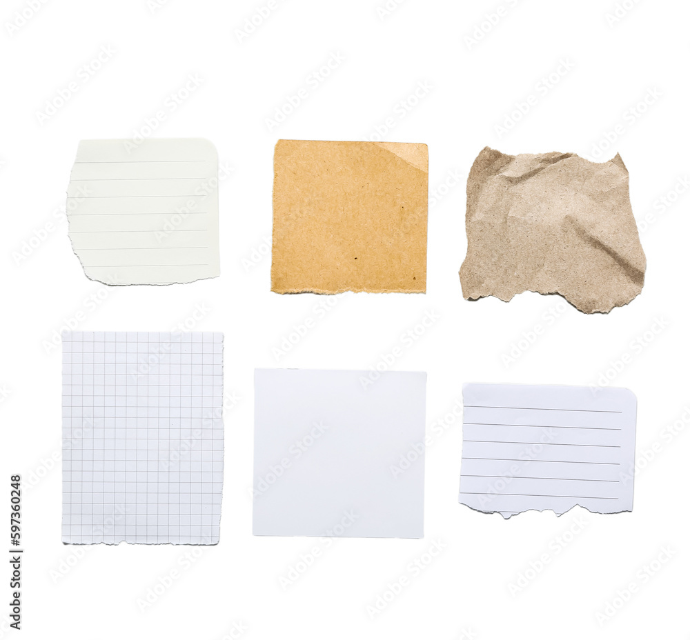 Torn pieces of different paper isolated on white background