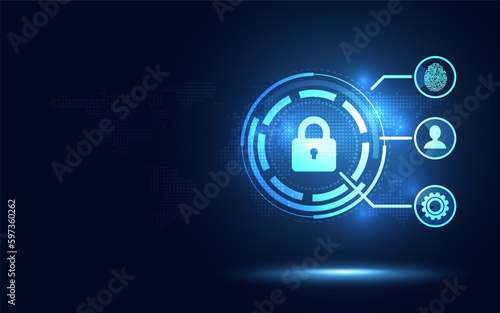Cyber security biometric lock blue abstract digital binary code background. Decoding technology and Computer network protection concept. New futuristic system technology symbol. Vector illustration.