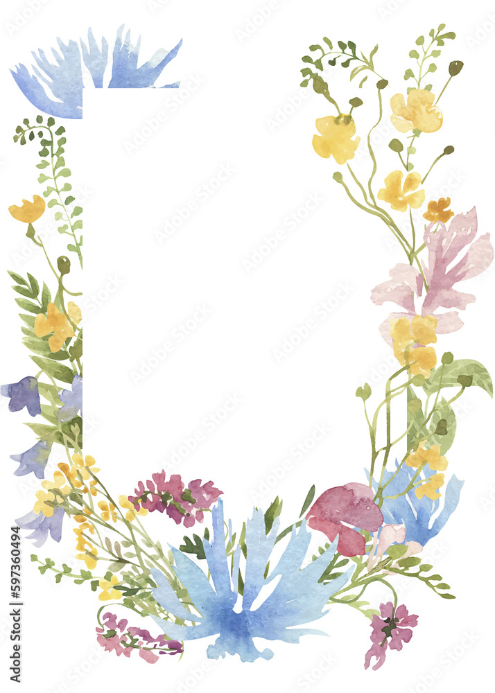 Frame of watercolor wild flowers