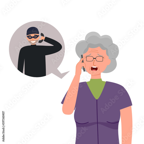 Senior woman with fraud scam via mobile phone in flat design. Phone phishing.