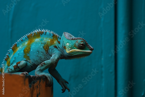 a chameleon on a blue wall