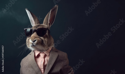 Close-up of a hare wearing suit and sunglasses, Generative AI © Aleksandr Bryliaev