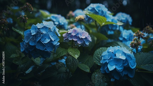 雨に濡れる青アジサイの花のイメージ　generative ai