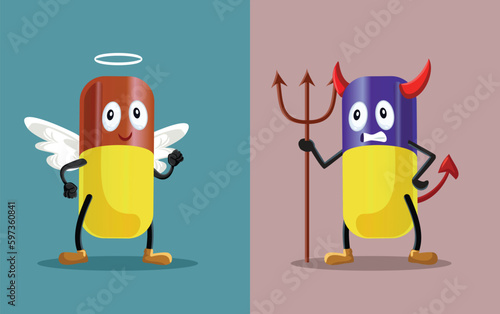 Good Pill Compared to a Bad Pill Vector Concept Illustration. Healthy unhealthy side effects concept of medical treatment

