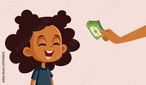 Little Child Receiving Money Allowance from Parent Vector Cartoon. Girl receiving monetary reward for doing chores or homework
