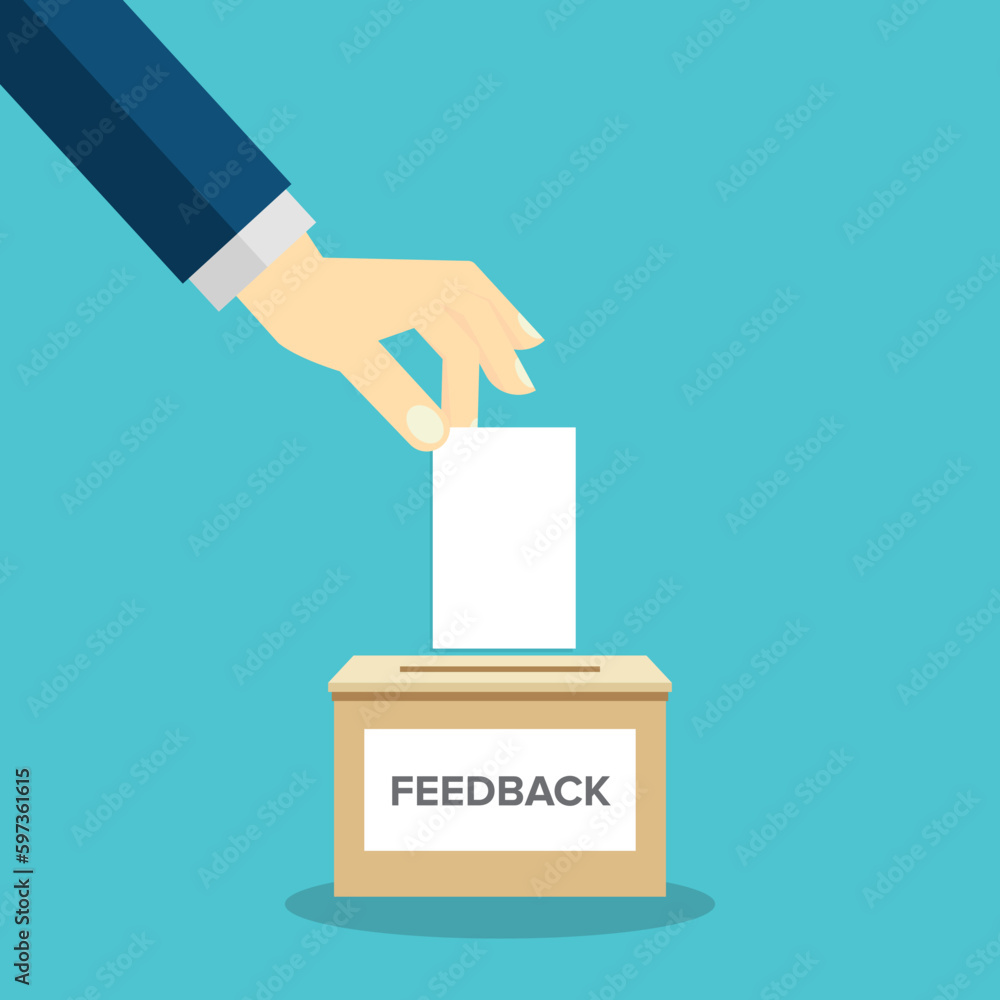 Feedback, feedback box. Hand holding feedback paper card and. Customer suggestion. Submission of comment, feedback, suggestion in box. Customers review concept. Feedback, feedback box. Hand holding feedback paper card and. Customer suggestion. Submission of comment, feedback, suggestion in box. Customers review concept.