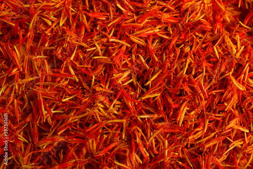 Pile of saffron as background, closeup