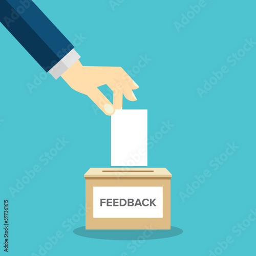 Feedback, feedback box. Hand holding feedback paper card and. Customer suggestion. Submission of comment, feedback, suggestion in box. Customers review concept.